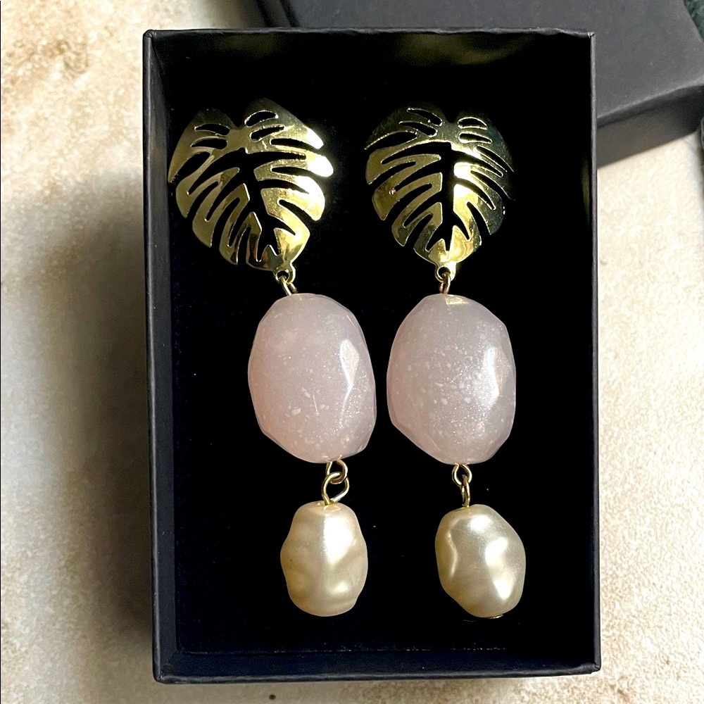 Monstera Gold and Pink Leaf Drop Earrings statement 3”